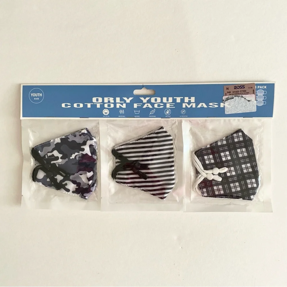 NWT Orly Youth Cotton Face Masks Multicolor Printed 3 Pack + 2 Pack Face Covers